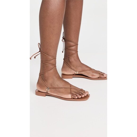 Larroude Portofino Flat Sandals in Caramel Leather 6 With Box Womens Wrap Slides - Picture 12 of 16